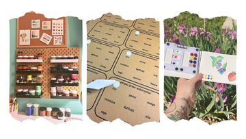 Three photos. One shows a lot of pigment containers on a wall, the second shows white watercolor paint being placed on a sheet of paper, and third shows a hand holding a travel watercolor set and sketchbook in front of flowers.