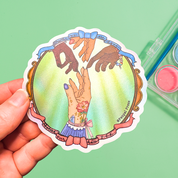 Colorful sticker of hands reaching out to a hand with tattoos on a green background.