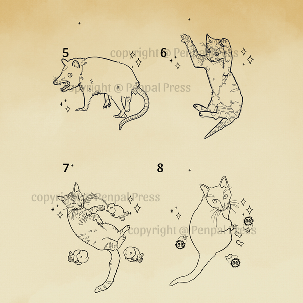 Set of four black line drawings of cats on a beige background with 'Penpal Press' branding.