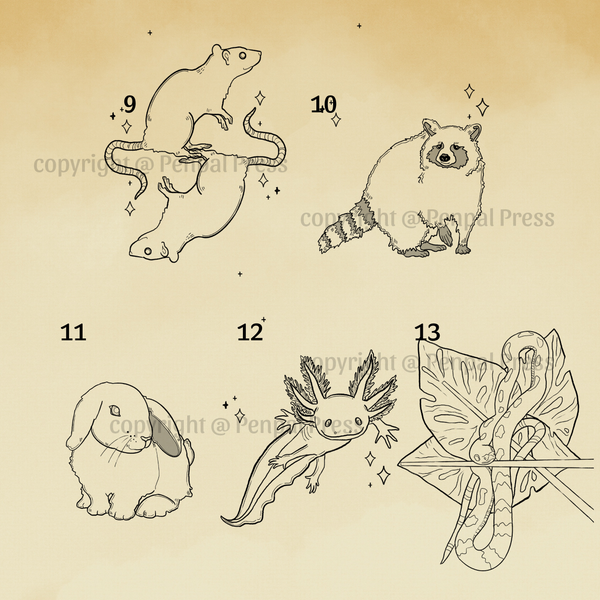 Set of illustrations of animals on a beige background with numbers.