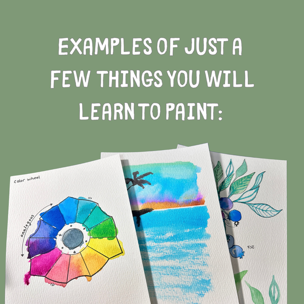 Green Square Background showing three paintings using a rainbow of watercolor paints. A color wheel, an ocean landscape, and  singing of blueberries.