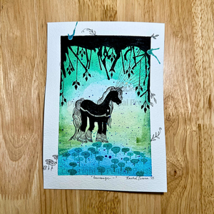 Original painting of a unicorn in black surrounded by greens and blues, with black vines and paint drips flowing down towards it.