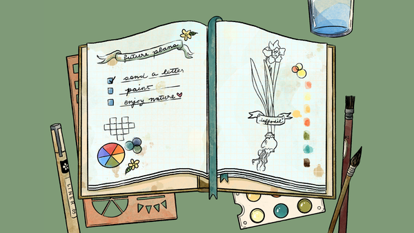 Illustration of an open notebook with drawings and a glass of water on a green background
