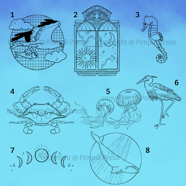Illustrations of various sea creatures on a blue background