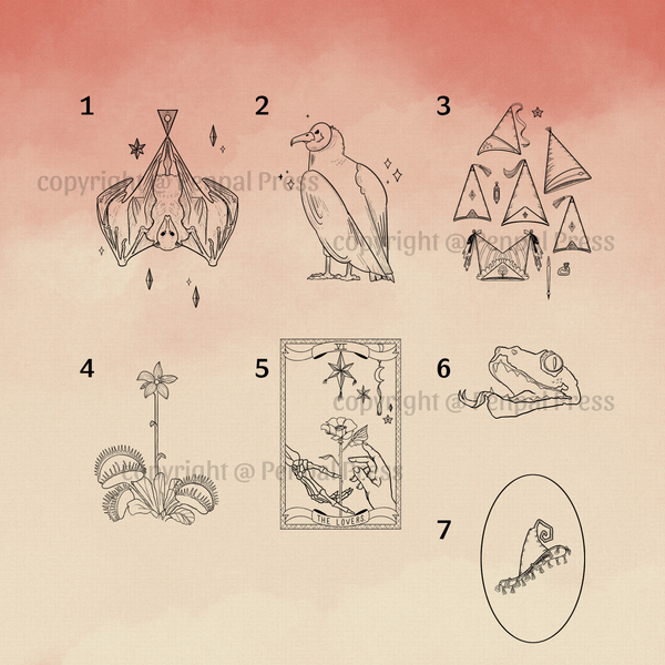 Seven linework designs to choose from, labeled by number, including a bat, vulture, group of witch hats, venus fly trap, lovers tarot card, snake head, and brimmed witch hat.