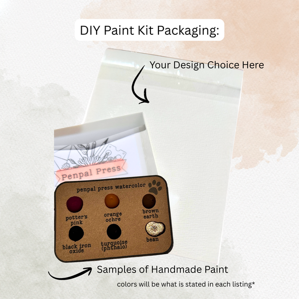 DIY paint kit packaging with color samples and Penpal Press branding.