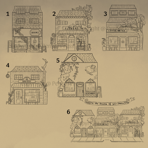 Set of six illustrated buildings on a beige background