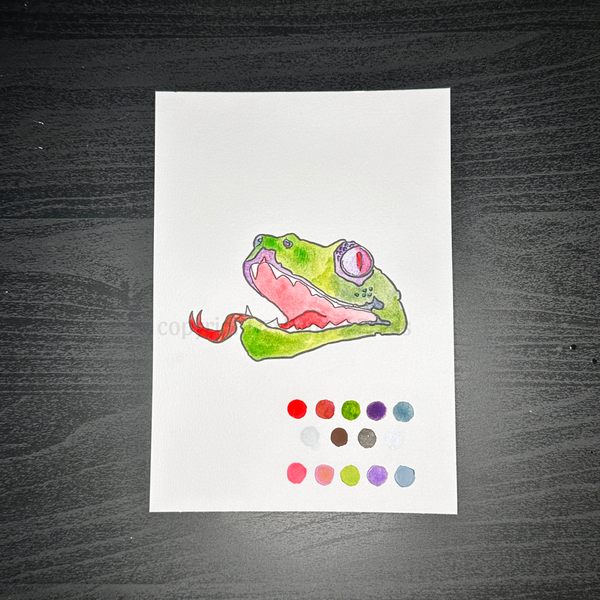 A green snake head with bright neon red tongue sticking out of it's open mouth. Purple, blue, red-orange, and iridescent accents are also painted on the snake, all with watercolors.