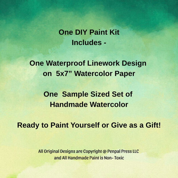 Promotional text for a DIY paint kit on a watercolor background