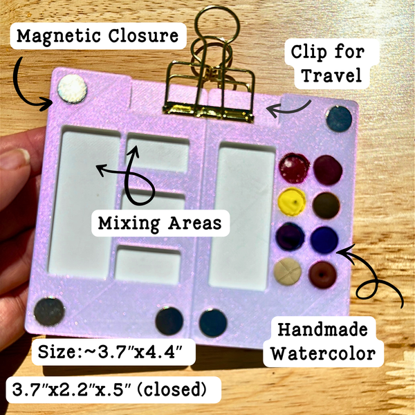 Handmade watercolor palette with features labeled on a wooden surface