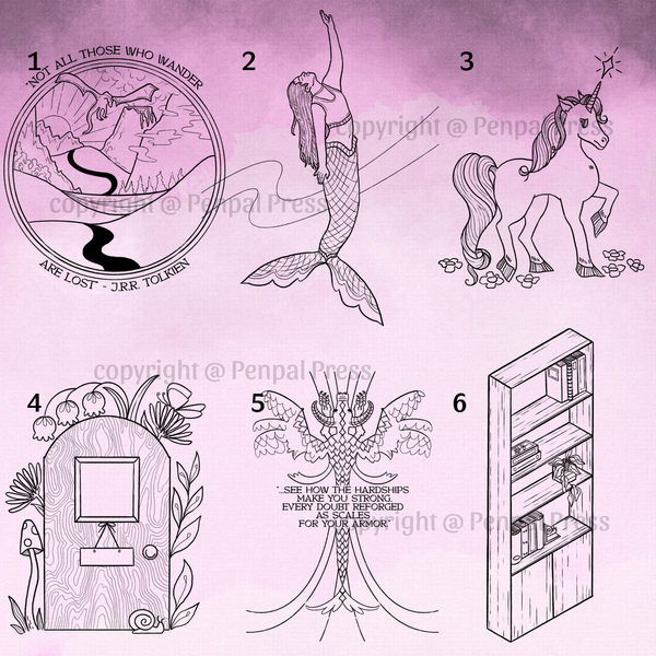 Set of line art illustrations on a violet background, including a mermaid, unicorn, fairy door, and more.