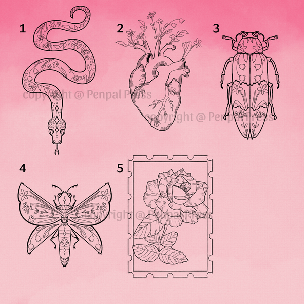 Five illustrated designs of a snake, heart with flowers, beetle, butterfly, and rose on a pink background.