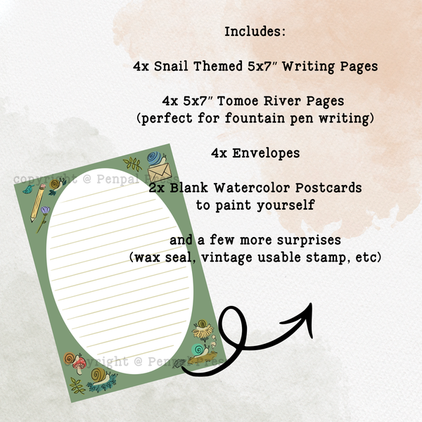 Snail-themed writing pages with envelopes and watercolor postcards on a light background