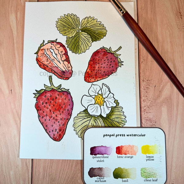 Colorful illustration of strawberries and a flower on a wooden surface with a paint palette.