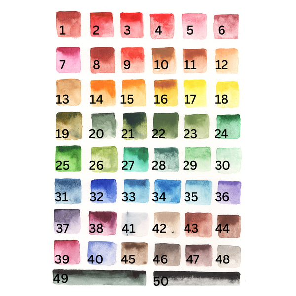 Color swatch chart with watercolor squares numbered 1 to 50 on a white background