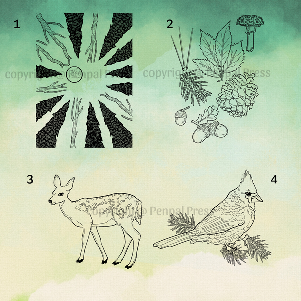 Illustrations of nature-themed artwork with trees, leaves, a deer, and a cardinal on a gradient background.